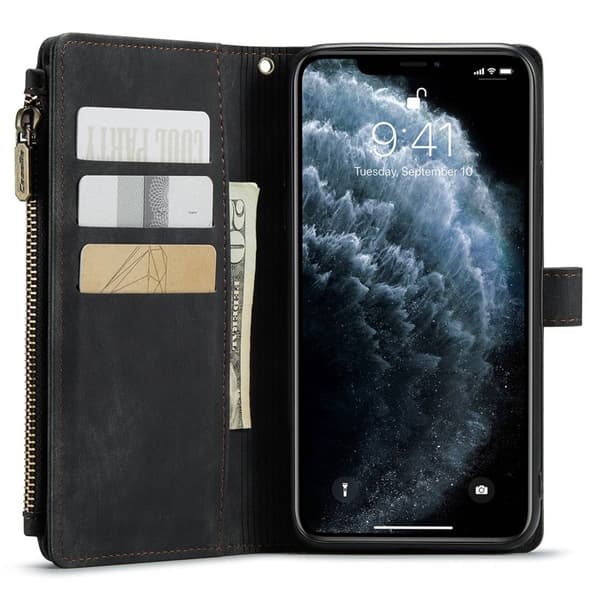 CASEME Konstläder Plånboksfodral för iPhone 11 Pro Max med rem - Svart