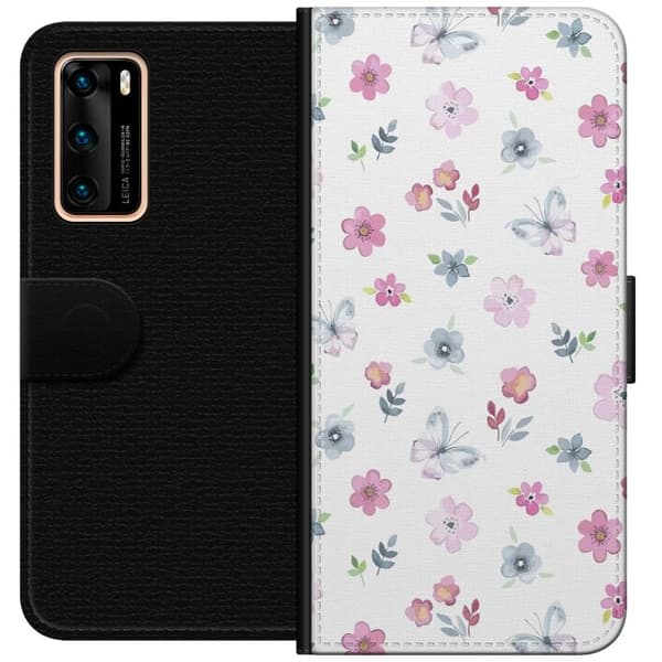 Pung Taske til Huawei P40 med Blomster og Sommerfugle
