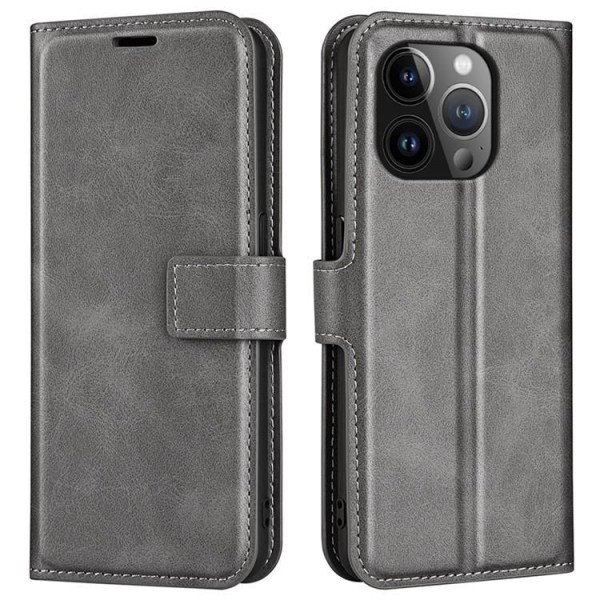 iPhone 15 Pro Max Wallet Case Calf Flip Folio - Grå