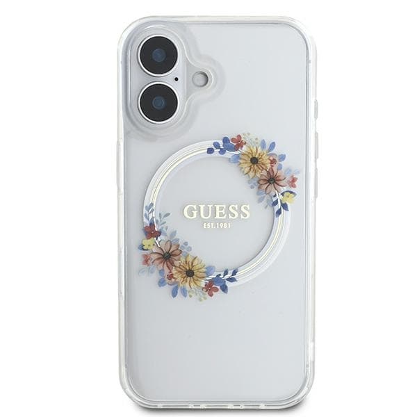 Guess Telefontaske til iPhone 16 Plus MagSafe IML Blomsterkrans - Gennemsigtig Transparent