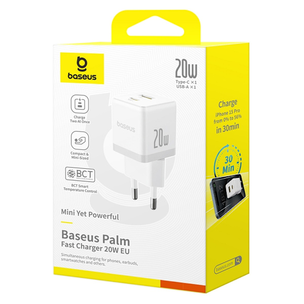Baseus Snabbladdare USB-C - USB-A 20W Palm - Vit Vit