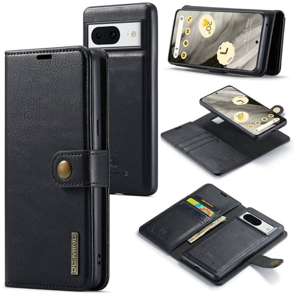 DG.MING Google Pixel 8 Äkta Läder Plånboksfodral Detachable Magnet Svart