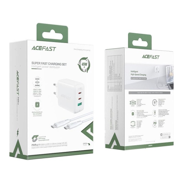 Acefast 2in1 -seinälaturi 2x USB-C - USB 65W -kaapeli - valkoinen