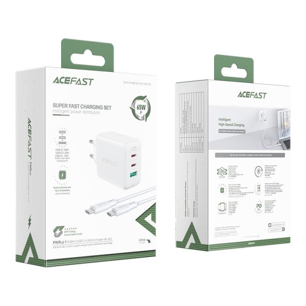 Acefast 2in1 Seinäteline 2x USB-C - USB 65W Kaapel - Valkoinen