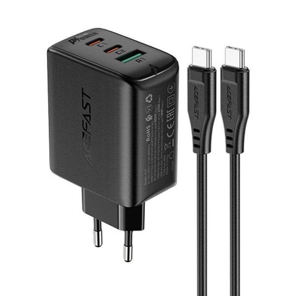 Acefast 2in1 vægoplader 2x USB-C til USB 65W Kabel - Sort