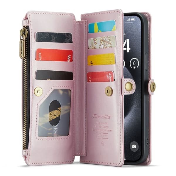 CASEME iPhone 16 Pro Max Plånboksfodral Konstläder med Dragkedja - Rosa