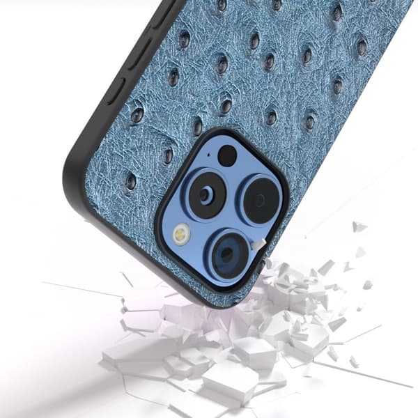 ABEEL Mobilskal till iPhone 16 Pro Äkta Läder Ostrich Textur Blå