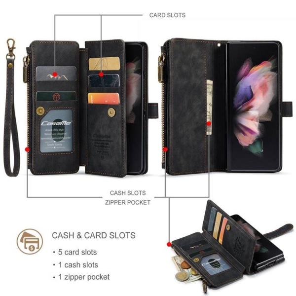CASEME Galaxy Z Fold 4 lompakkokotelo vetoketjullinen PU-nahkateline - S