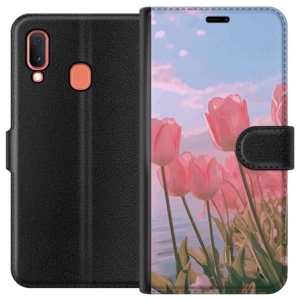 Pungcover til Samsung Galaxy A20e med lyserøde tulipaner