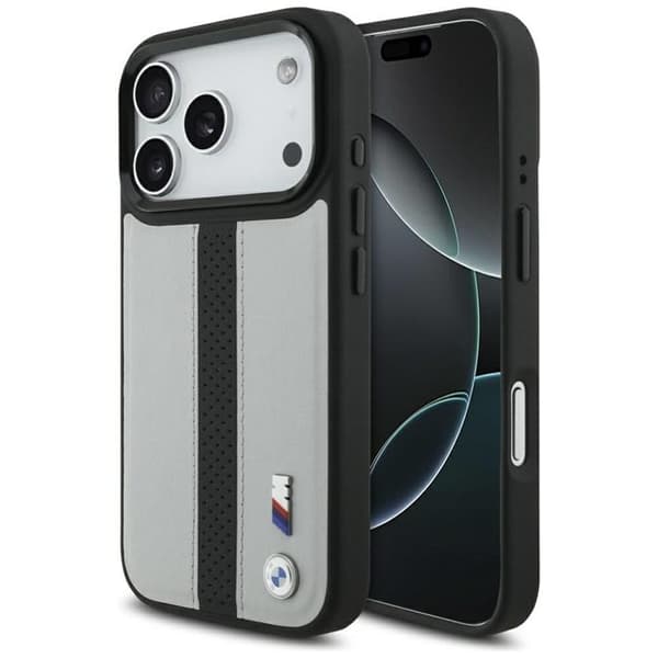 BMW telefontaske til iPhone 17 Pro MagSafe M perforeret stribe logo - grå Grå