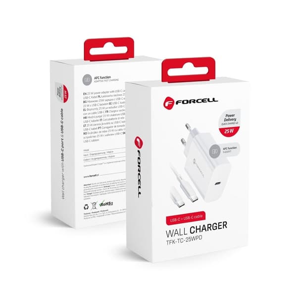 Forcell USB C Reseladdare med Type C kabel 25W QC 4.0 1m Vit