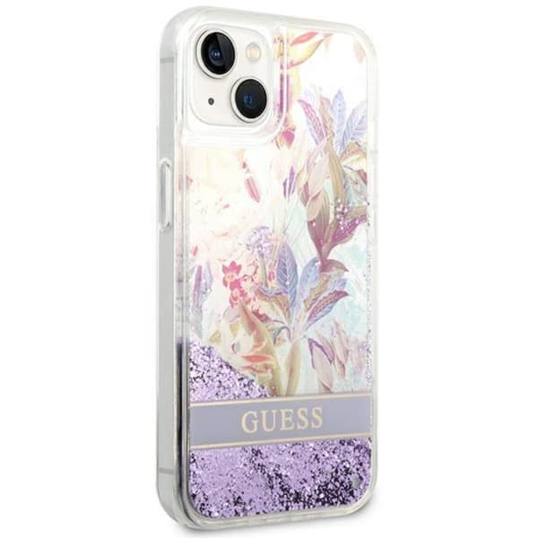 GUESS iPhone 14 Plus Kuori Flower Liquid Glitter - Lila Lila