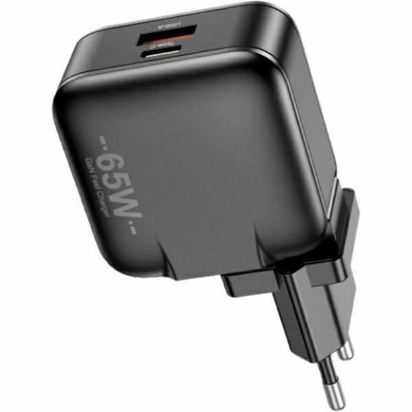 Awei Hurtigoplader 65W 1xUSB-C 1xUSB-A PD55-EU GaN - Sort Svart