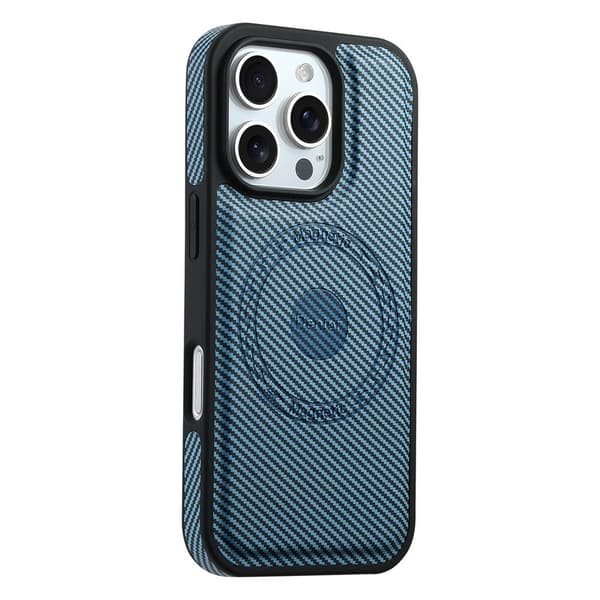DENIOR Mobilskal till iPhone 16 Pro Max Äkta Läder Kolfiber Blå