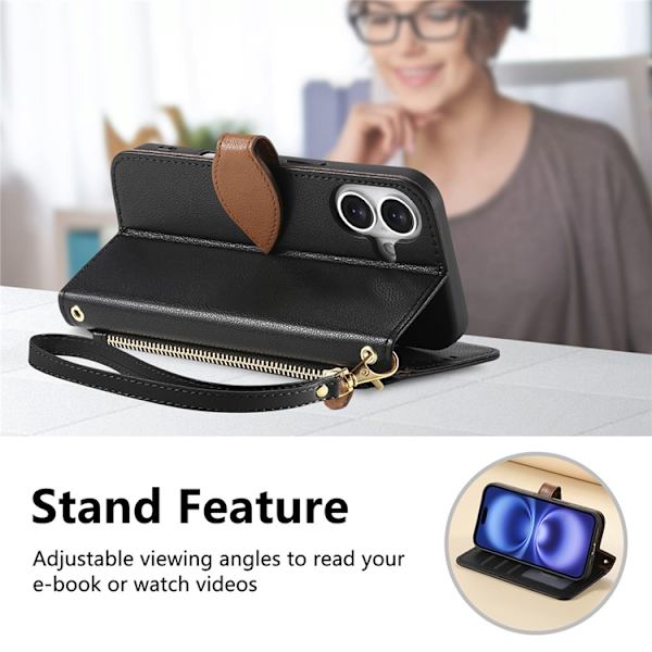 iPhone 17 Plånboksfodral Leaf Magnetiskt Spänne Konstläder Svart