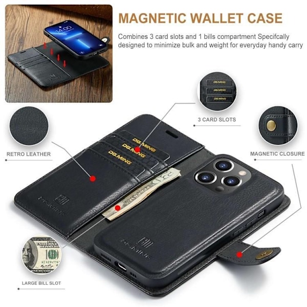 DG.MING iPhone 15 Pro Max Plånboksfodral Äkta Läder 2in1 - Svart Svart