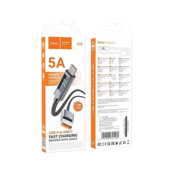 HOCO USB-A til USB-C Kabel 5A 1m med Skærm X112 - Sort Svart