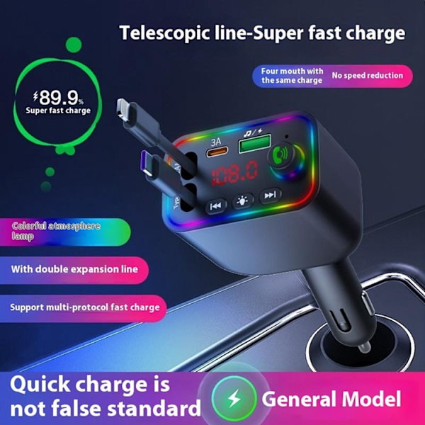 Billaddare med Infällbart USB-C/Lightning Kabel FM Transmitter Svart