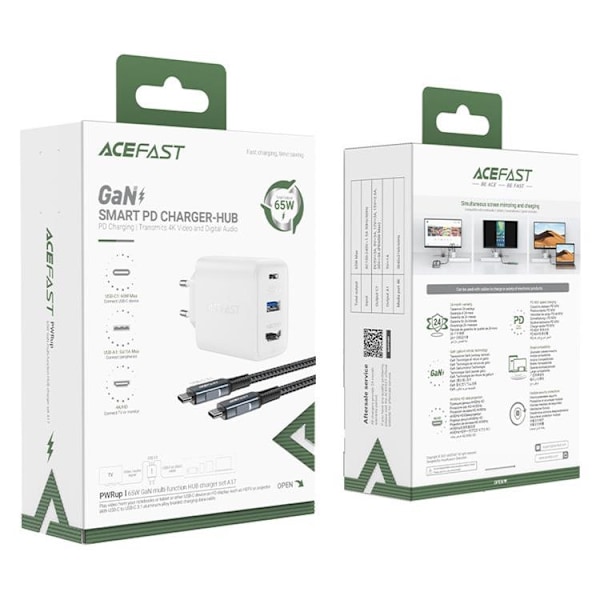 Acefast 2in1 Väggladdare 65W USB-A till USB-C/HDMI Kabel - Vit