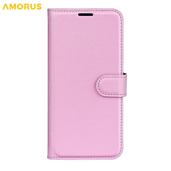 AMORUS iPhone 17 Pro Konstläder Plånboksfodral Flipstativ Litchi - Rosa Rosa