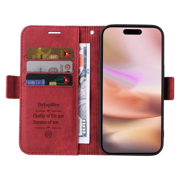 BETOPNICE 001 iPhone 16 Plus Plånboksfodral Ställ Card Slots Konstläder - Röd