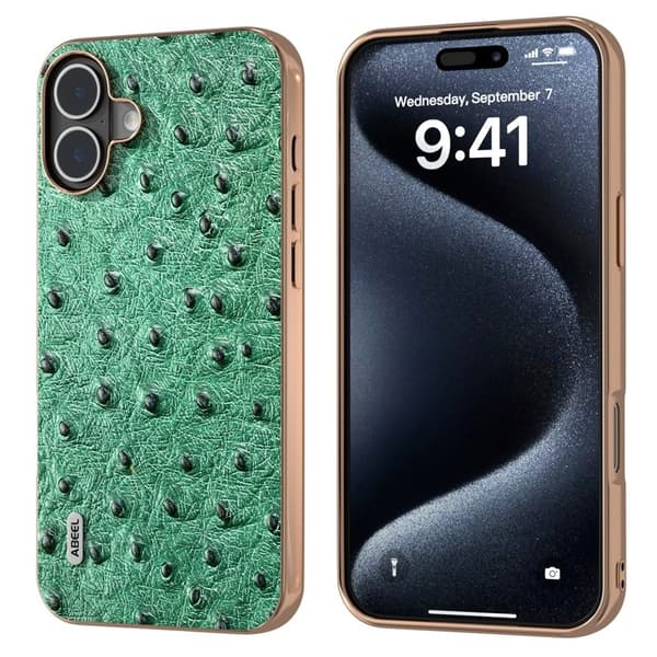 ABEEL Mobilskal till iPhone 16 Electroplating Edge Grön Äkta Läder