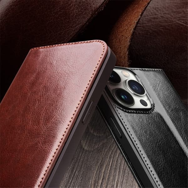 QIALINO iPhone 15 Pro Max Plånboksfodral Äkta Läder Folio Flip Brun