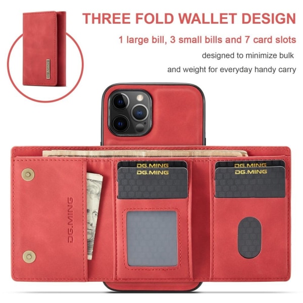 DG.MING iPhone 13 Mini -suojus ja lompakko jalustalla - punainen Red