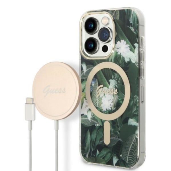 GUESS iPhone 14 Pro Max Magsafe Skal Jungle + Trådløs Oplader -