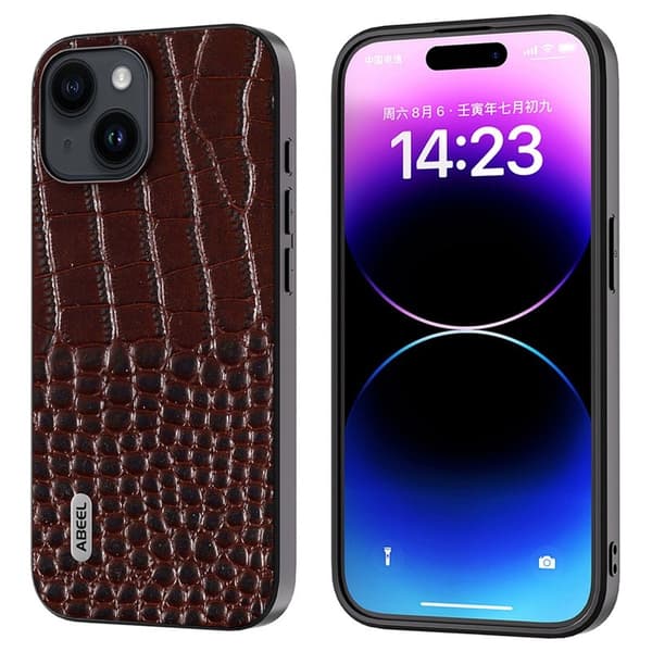 ABEEL Mobilskal till iPhone 15 Anti-fall Krokodiltextur Äkta Läder - Brun