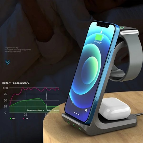 3-in-1 Trådlös laddare iPhone, Apple Watch, AirPods AK03 - Svart
