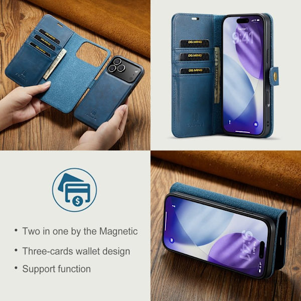 DG.MING iPhone 17 Pro Plånboksfodral Äkta Läder Avtagbart - Blå