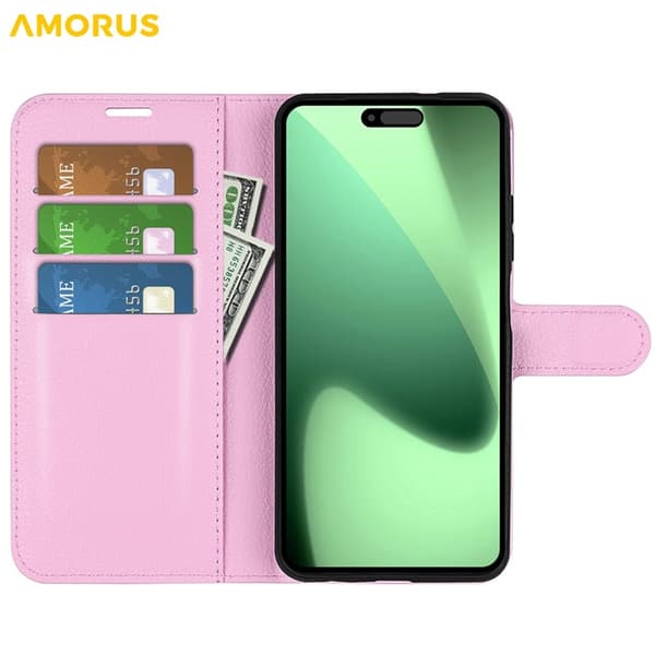 AMORUS iPhone 17 Pro Konstläder Plånboksfodral Flipstativ Litchi - Rosa Rosa