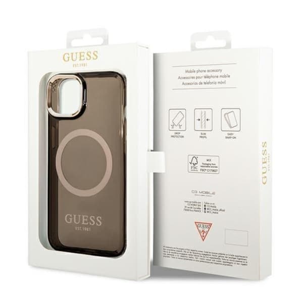 GUESS iPhone 14 Skal Magsafe Gold Outline Translucent - Musta Black