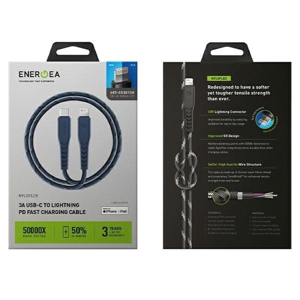 Energea USB-C til Lightning Kabel 1.5m MFI Nyloflex C94 - Blå Blå