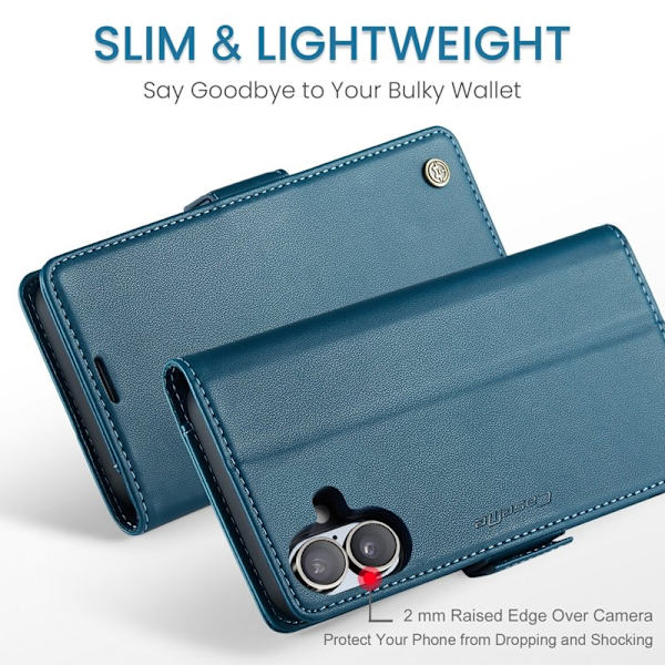 CASEME Plånboksfodral Konstläder för iPhone 16 Plus RFID-Skydd Blå