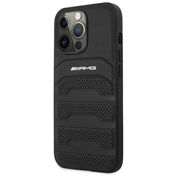 AMG iPhone 14 Pro -kotelo nahkaa, kohokuvioidut viivat - musta Black