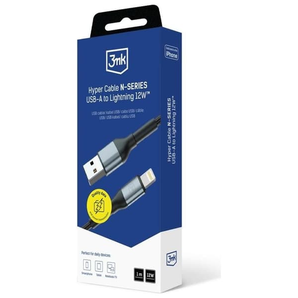 3MK USB-A til Lightning 12W Kabel 5V/2.4A 1m N-SERIE Hyper - Sort Svart