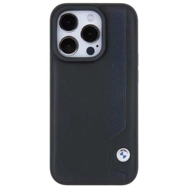 BMW iPhone 15 Pro matkapuhelimen suojakuori, nahka siniset pisteet - musta