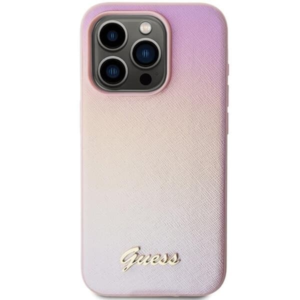 Guess Mobilskal till iPhone 15 Pro Saffiano Iridescent Script - Rosa Rosa
