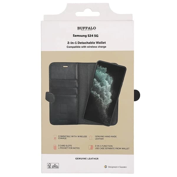 BUFFALO Galaxy S24 5G Pung Taske Ægte Læder 2-i-1 - Sort Black