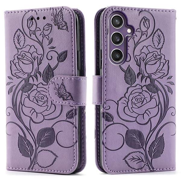 Galaxy S26 Konstläder Plånboksfodral Imprinted Rosa Butterfly - Lila Lila