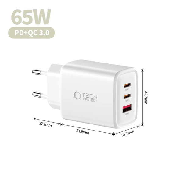 Tech-Protect 3-Port Snabbladdare PD 65W QC3.0 NCA65W-GAN Vit