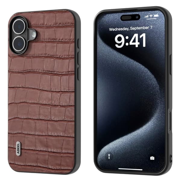 ABEEL Mobilskal till iPhone 16 Plus Äkta Läder + PC + TPU Droppskydd Brun