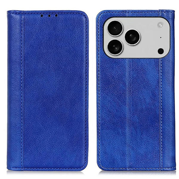 iPhone 17 Pro Max Plånboksfodral Äkta Läder Litchi - Blå Blå