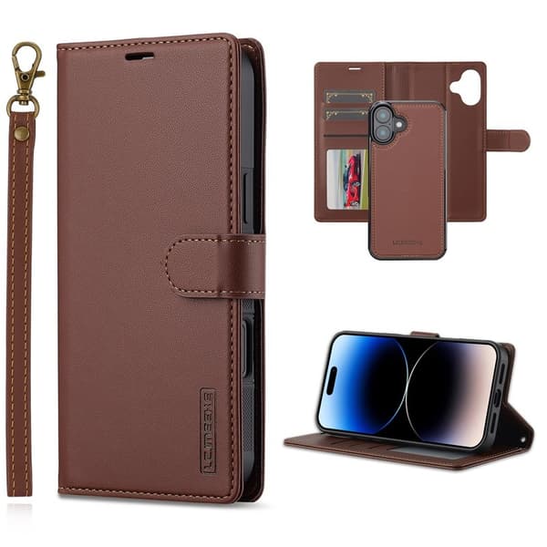 LC.IMEEKE L2 Series iPhone 16 Plus Plånboksfodral Konstläder - Brun
