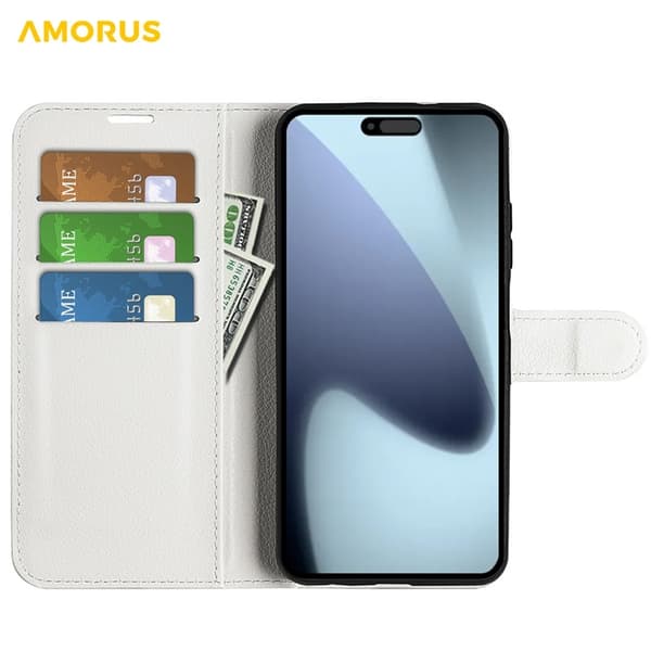 AMORUS iPhone 17 Konstläder Plånboksfodral Flipstativ Litchi - Vit Vit