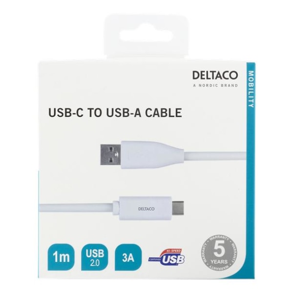 DELTACO USB-C til USB-A kabel, 1m, USB 2.0, hvid White