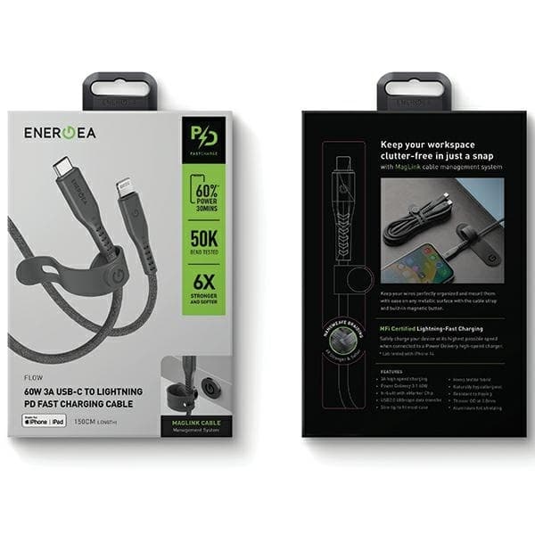Energea USB-C til Lightning Kabel 60W 3A 1.5m - Sort Black