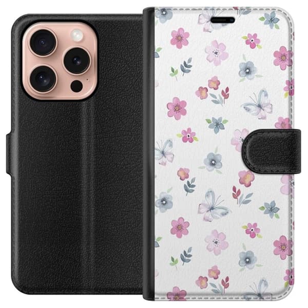 Lompakkokotelo Apple iPhone 16 Prolle, kukkia ja perhosia